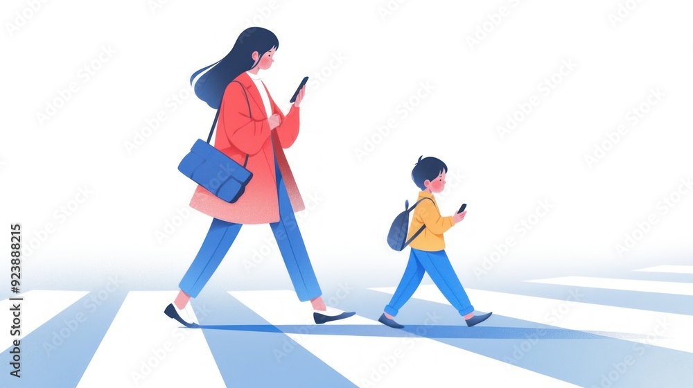 Fototapeta premium Flat design of a mother walking across the white lines of a crosswalk with her child, holding a mobile phone in one hand and carrying a shopping bag over her shoulder