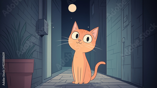 Curious cat exploring a mysterious alleyway, cartoon style, flat design, water color, twilight scene