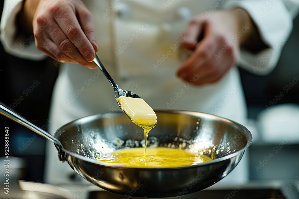 Chef Preparing Melted Butter in a Stainless Steel Pan Chef Preparing Melted Butter in a Stainless Steel Pan