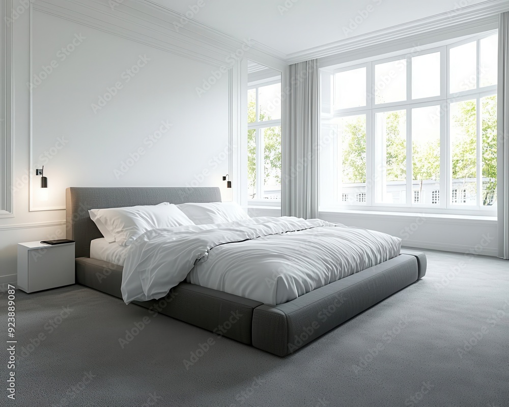 Wide-angle view of a modern bedroom with a sleek gray bed and white pillows Wide-angle view of a modern bedroom with a sleek gray bed and white pillows