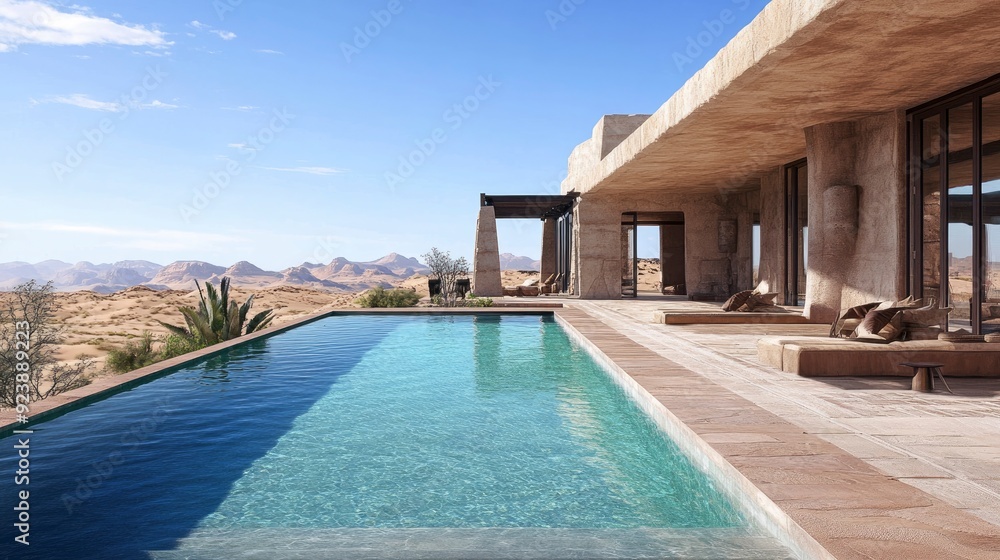 Luxurious swimming pool in a desert landscape, ai