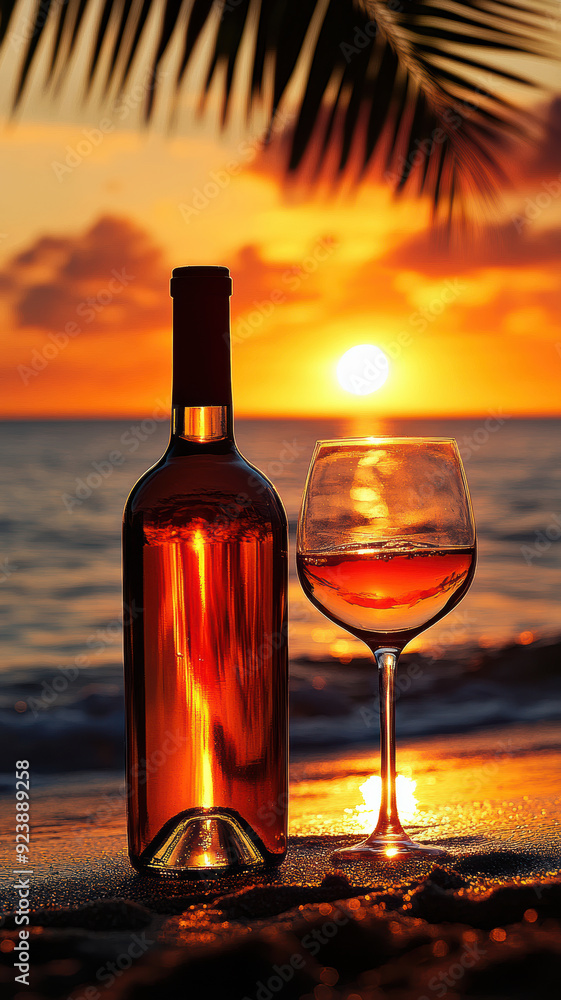 Sunset scene with wine bottle and glasses on the shore Sunset scene with wine bottle and glasses on the shore