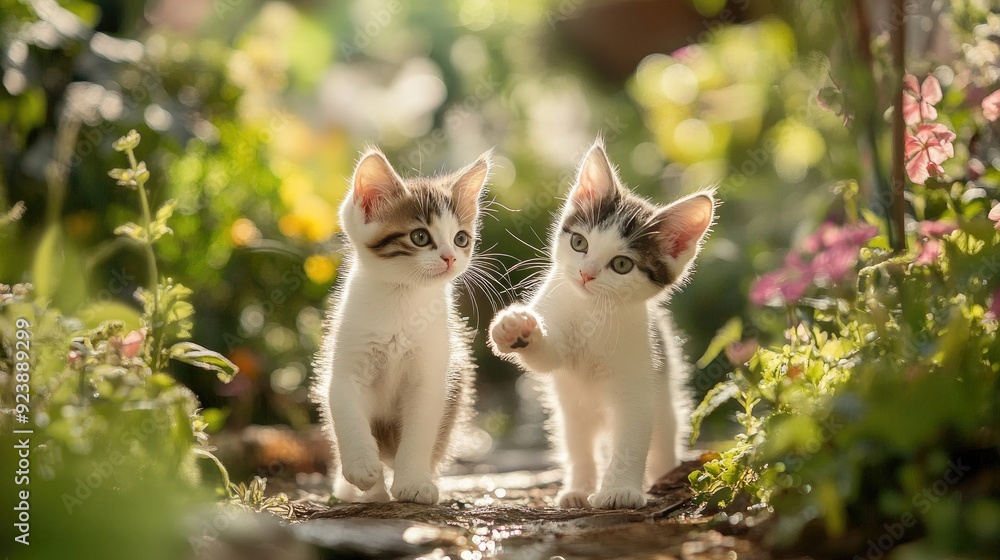 Playful Japanese Bobtail kittens with their unique bobbed tails, frolicking in a garden setting Playful Japanese Bobtail kittens with their unique bobbed tails, frolicking in a garden setting