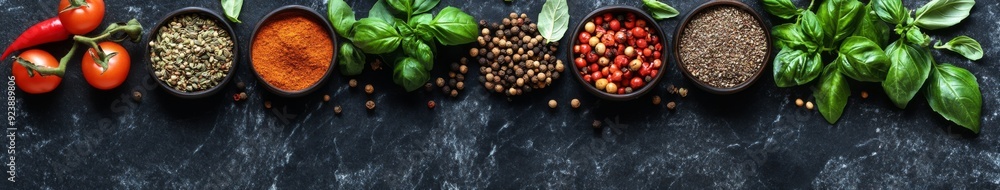 Aromatic Infusions: A Food Blogger's Delight - Up-Close and Personal with Freshly Chopped Herbs and Spices on a Sleek Black Marble Surface Aromatic Infusions: A Food Blogger's Delight - Up-Close and Personal with Freshly Chopped Herbs and Spices on a Sleek Black Marble Surface