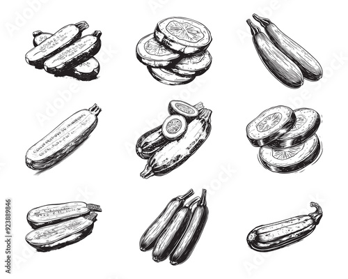 Set of zucchini vector illustrations - hand drawn zucchini - black and white zucchini isolated on white background