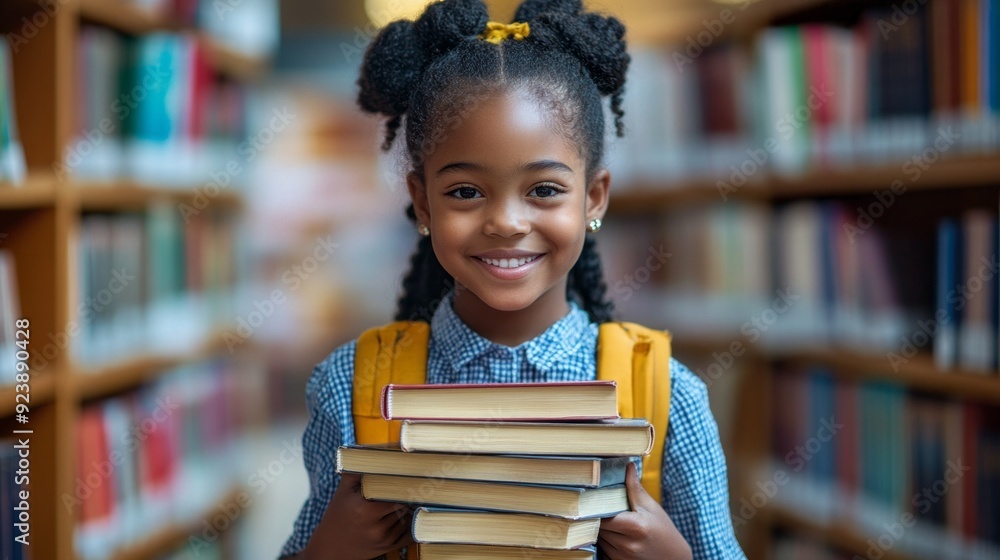 A cheerful girl beams while holding a pile of books, standing in a vibrant library filled with countless shelves of knowledge A cheerful girl beams while holding a pile of books, standing in a vibrant library filled with countless shelves of knowledge