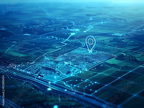 Overhead View of Prosperous Rural Development with Location Pin on Technical Blueprint Style Map