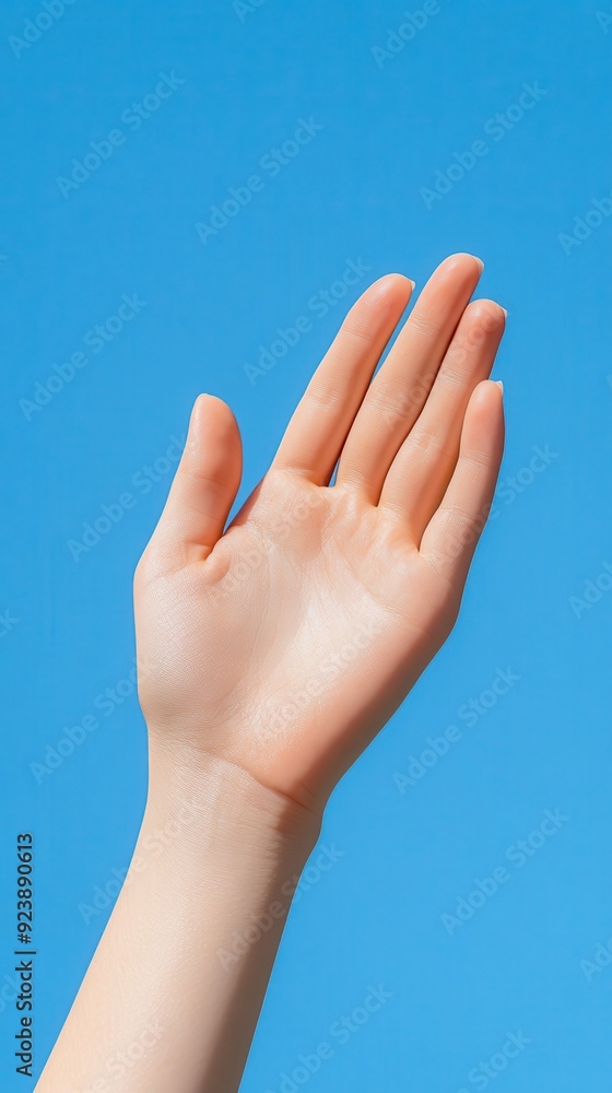 A close-up of a raised hand against a clear blue sky, symbolizing greeting, communication, or openness in various contexts. A close-up of a raised hand against a clear blue sky, symbolizing greeting, communication, or openness in various contexts.