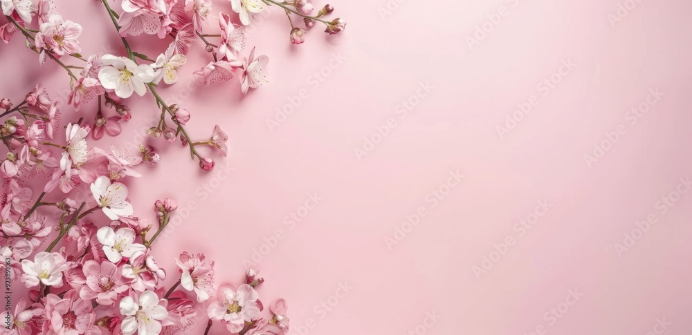 Delicate cherry blossom branches on a soft pink background, creating a serene and elegant composition showcasing spring beauty Delicate cherry blossom branches on a soft pink background, creating a serene and elegant composition showcasing spring beauty