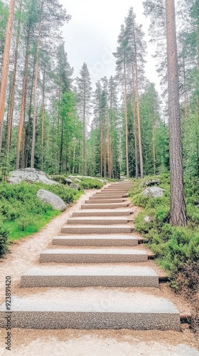 A winding path through a tranquil mountain setting invites exploration, bordered by vibrant pine trees and smooth stones