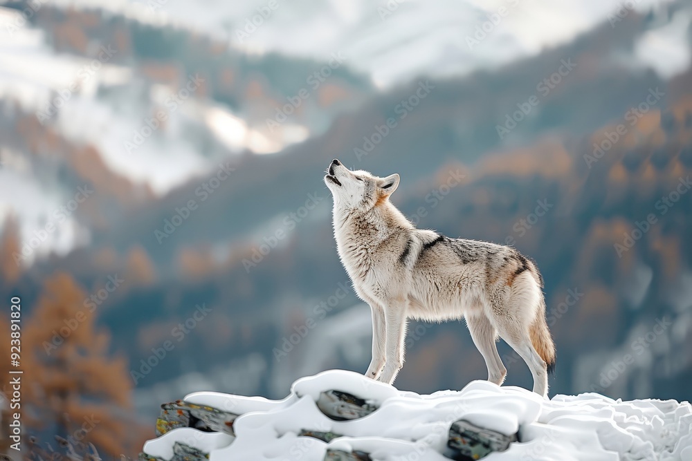 Obraz premium A wolf howling at the northern lights, representing the wild spirit and the power of nature.