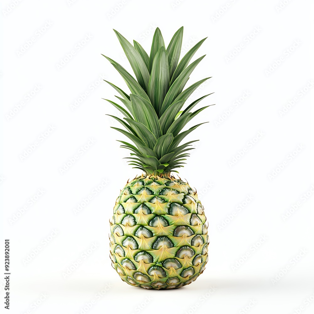Fototapeta premium Fresh and vibrant pineapple with lush green leaves, perfect for summer themes and tropical recipes.