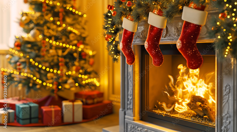 Naklejka premium Evening atmosphere at home Christmas tree, fireplace with red stockings and gifts
