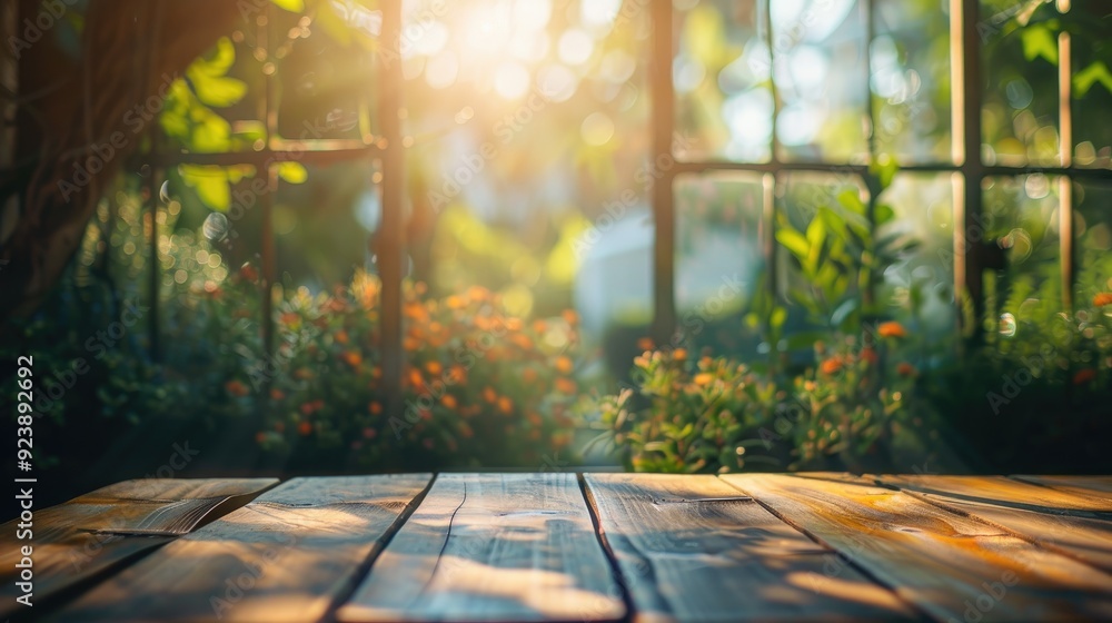 Obraz premium Garden view through blurred light from wood table and window