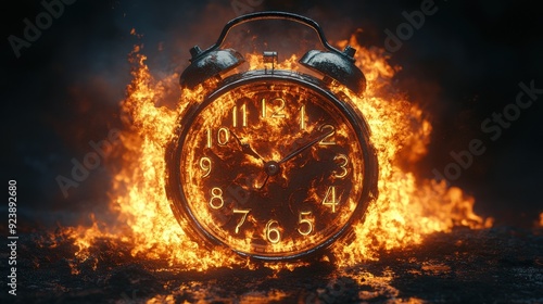 A vintage alarm clock is engulfed in intense flames, symbolizing the urgency and pressure of time.