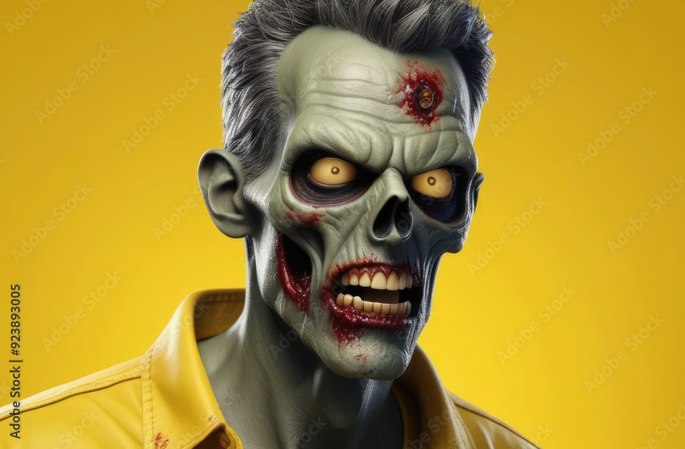 scary zombie with bullet in head on yellow background. Halloween concept, horror movie scene scary zombie with bullet in head on yellow background. Halloween concept, horror movie scene