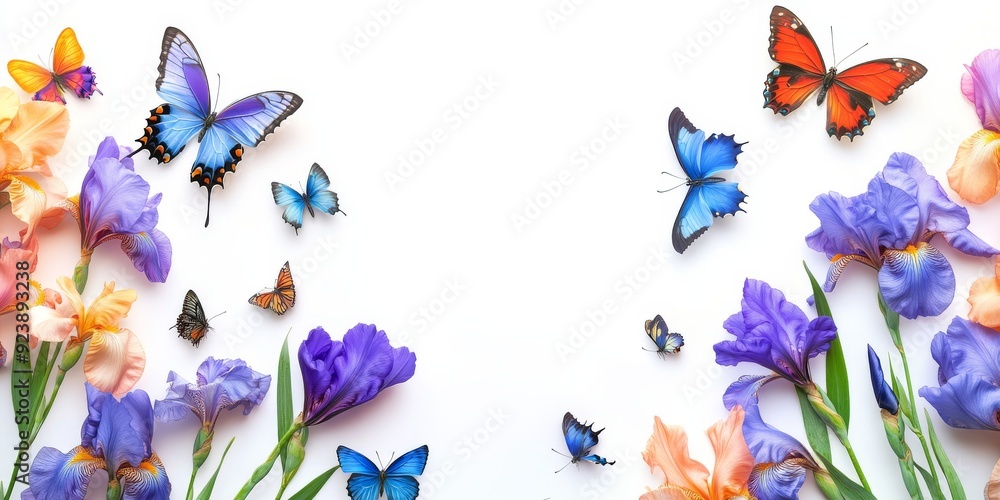 Fototapeta premium This stunning arrangement of colorful butterflies and beautiful irises adds elegance to projects. Its ideal for nature lovers, creating a joyful atmosphere filled with charm and inspiration