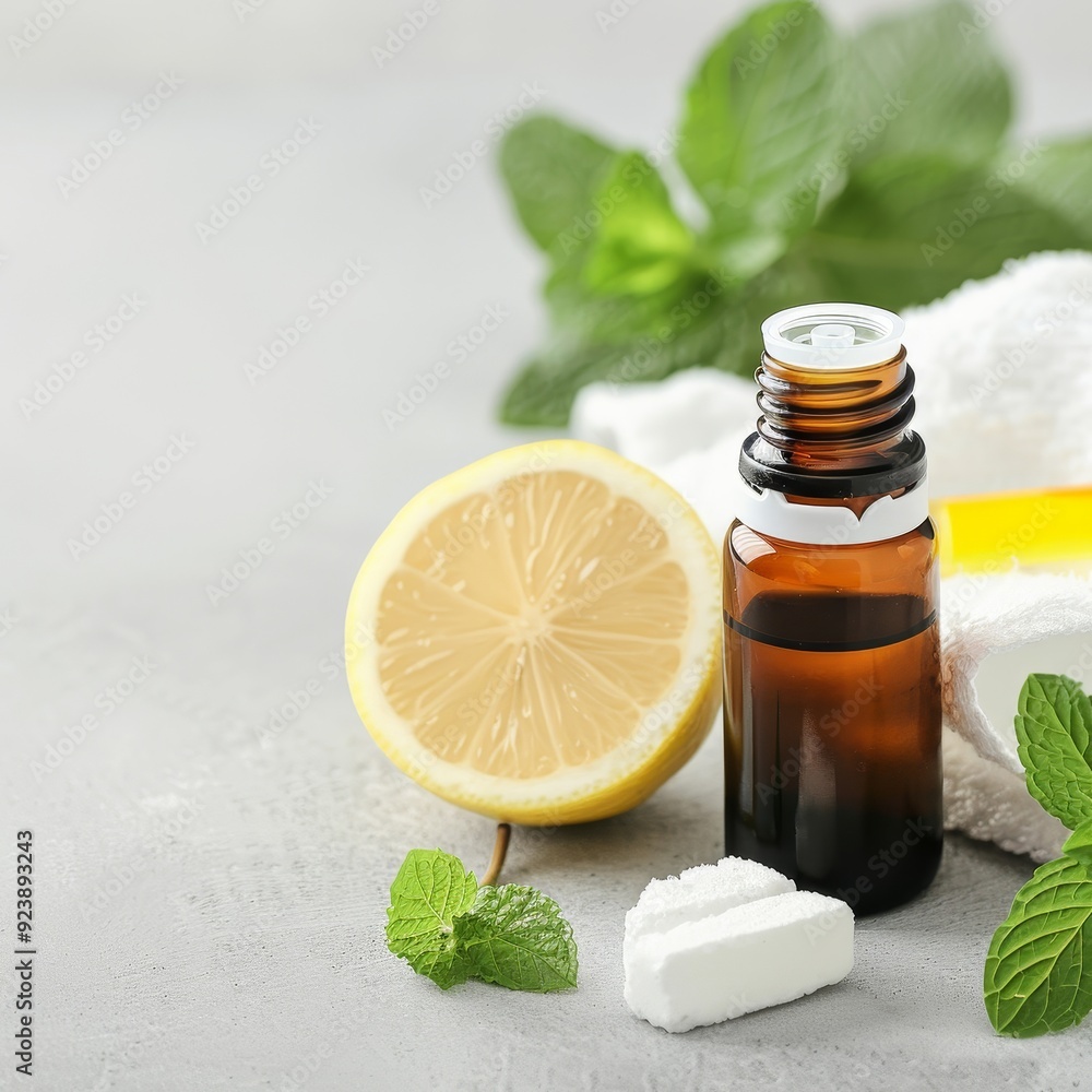 A bottle of essential oil is next to a bunch of mint leaves A bottle of essential oil is next to a bunch of mint leaves