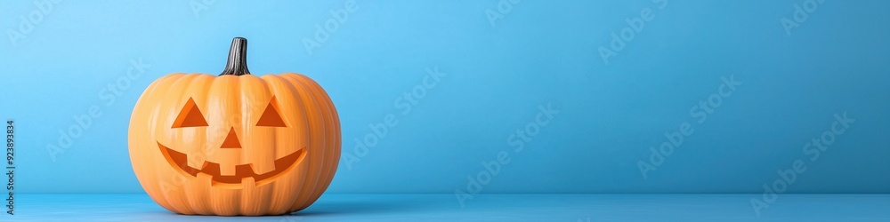 A pumpkin with a smiley face on it is sitting on a table, wide panoramic banner with copy space. A pumpkin with a smiley face on it is sitting on a table, wide panoramic banner with copy space.