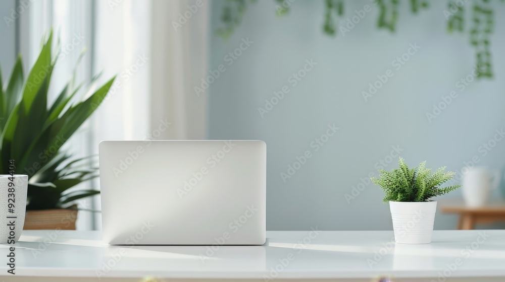 A laptop is open on a desk with a potted plant and a stack of books A laptop is open on a desk with a potted plant and a stack of books