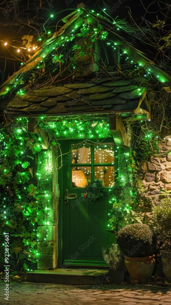 Obraz premium A quaint cottage glows with green lights and decorations, creating a welcoming holiday atmosphere at night