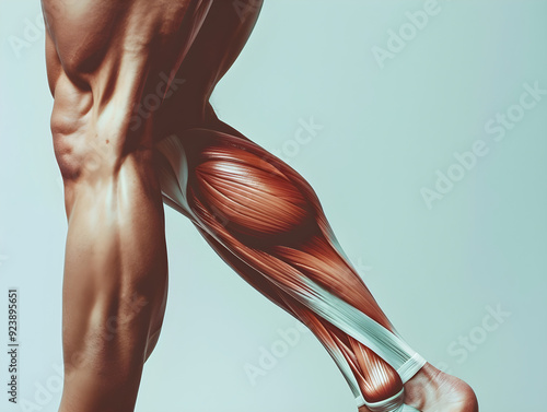 Detailed image of person's flexed hamstrings, showcasing muscle definition and strength in athletic pose. photo