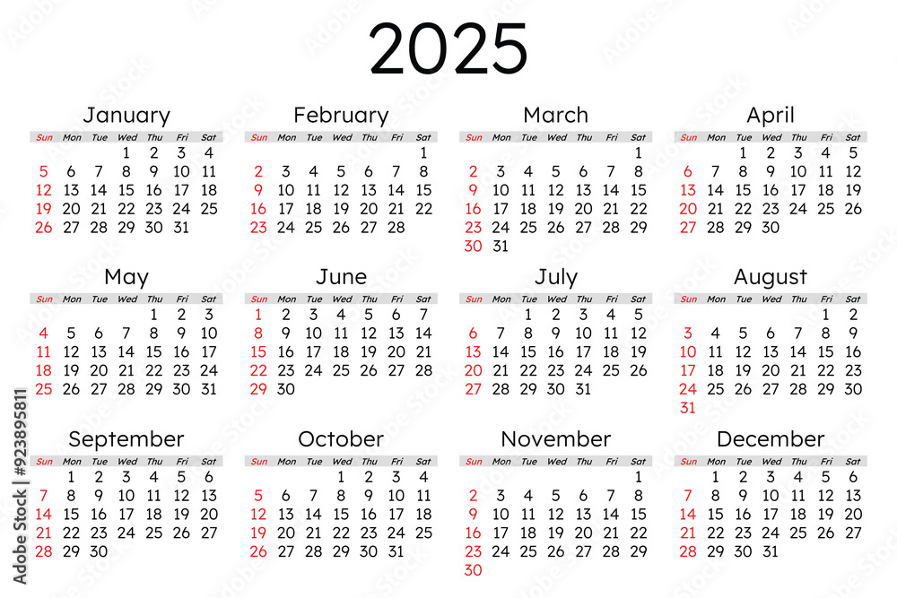 2025 english vector calendar: Modern, clean design with 12 months. Customizable for digital or print use