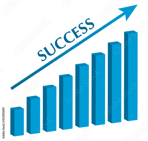 Graph with increase report and word SUCCESS. Diagram with rise gain progress. Vector illustration