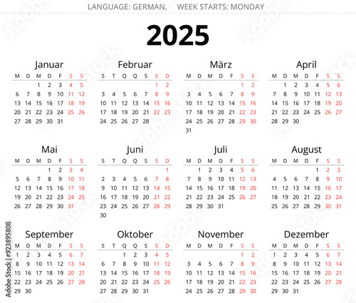 2025 year german calendar. Printable and editable vector illustration for Germany