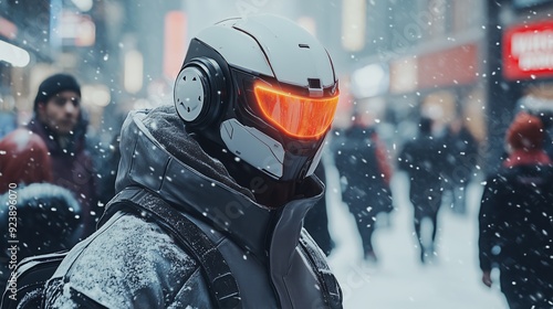 A figure in a futuristic helmet with glowing eyes stands in a snowy urban street during a winter evening