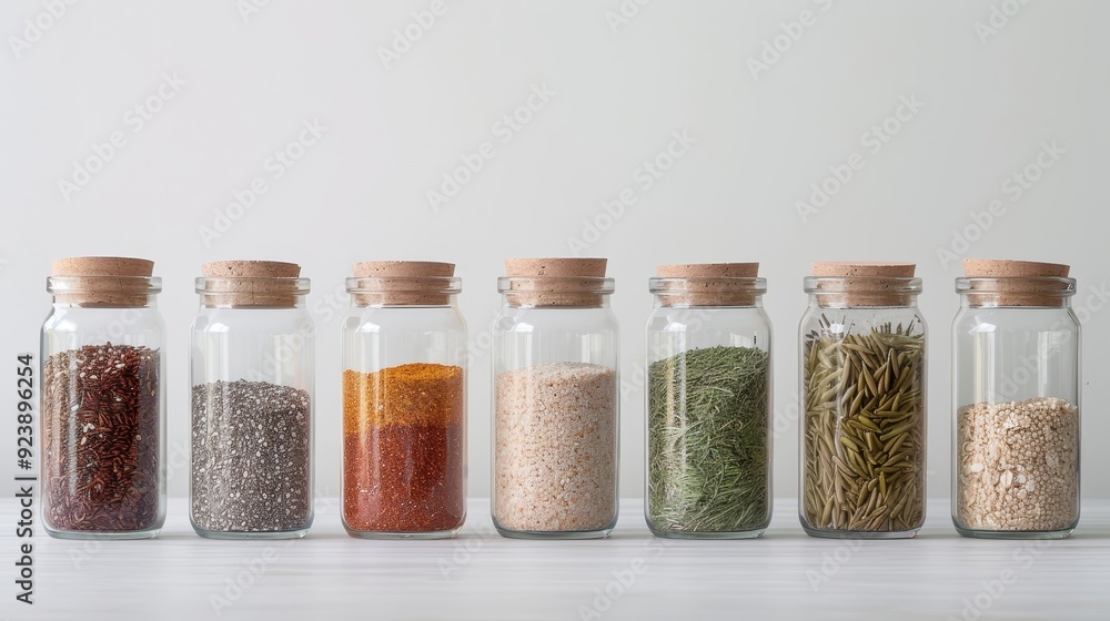 Four jars of different colored beans are lined up on a counter Four jars of different colored beans are lined up on a counter