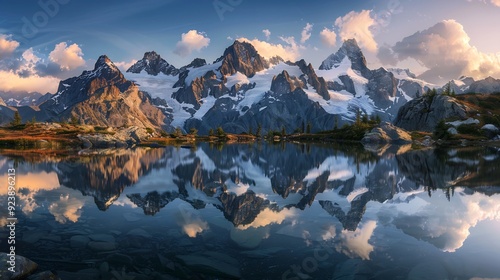 Beautiful Snow-Capped Mountains Reflecting in Tranquil Lake at Sunset