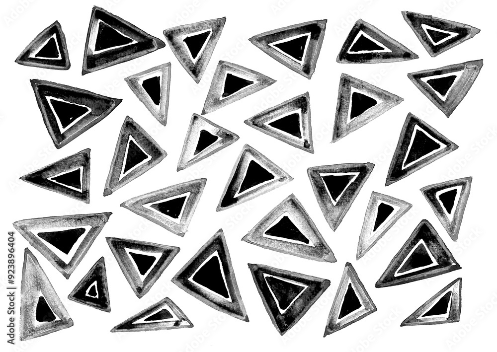Pattern of monochrome triangles on a white background. The triangles are randomly arranged. They have layers of different shades of gray and black. Pattern of monochrome triangles on a white background. The triangles are randomly arranged. They have layers of different shades of gray and black.