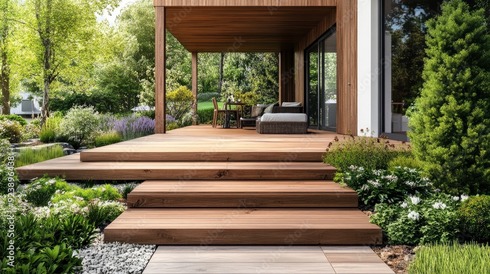 Modern wooden terrace with steps for a country house. Cozy garden with a house, recreation area, garden landscaping , ai Modern wooden terrace with steps for a country house. Cozy garden with a house, recreation area, garden landscaping , ai
