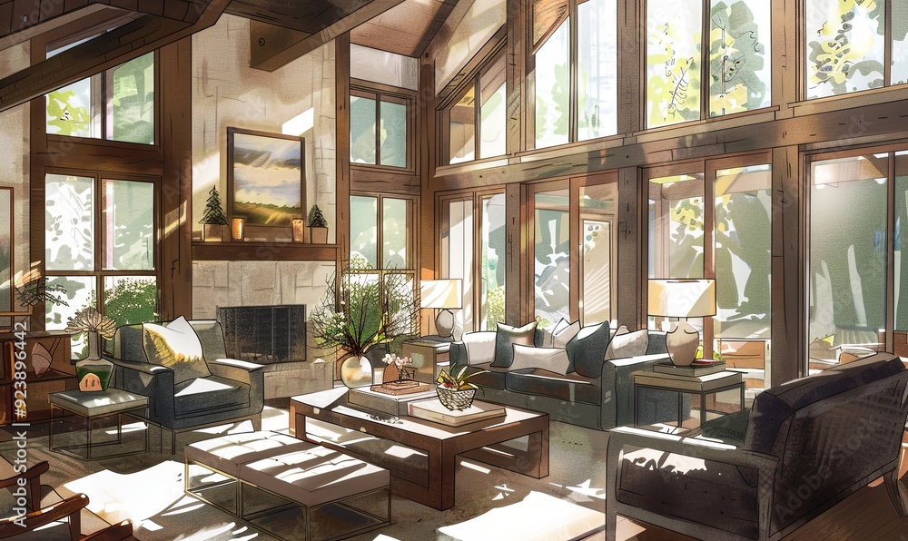 Rustic Modern: Warmth and Light A cozy, rustic modern living room featuring large windows that let in abundant sunlight. Wooden beams, earthy tones Rustic Modern: Warmth and Light A cozy, rustic modern living room featuring large windows that let in abundant sunlight. Wooden beams, earthy tones