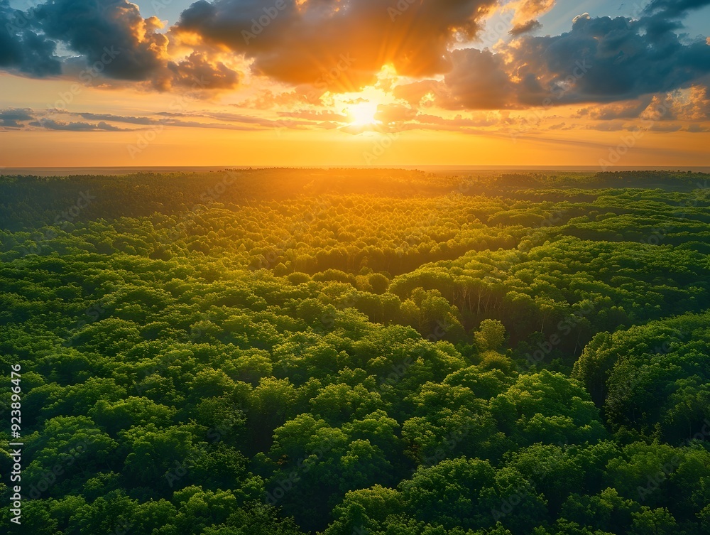 Aerial Landscape of Vibrant Forest Bathed in Golden Sunset Glow and Dramatic Clouds Aerial Landscape of Vibrant Forest Bathed in Golden Sunset Glow and Dramatic Clouds