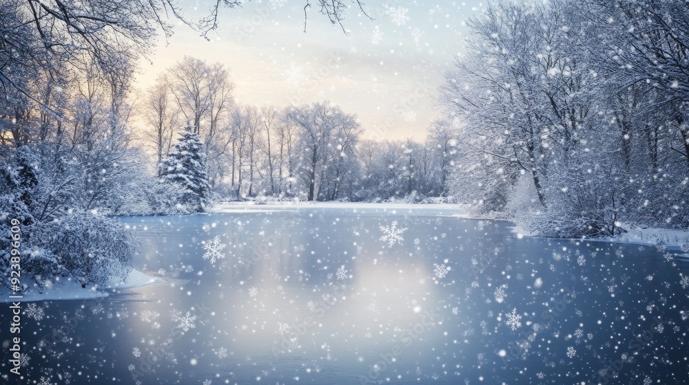 beautiful landscape of a lake surrounded by forest with a lot of snow falling beautiful landscape of a lake surrounded by forest with a lot of snow falling