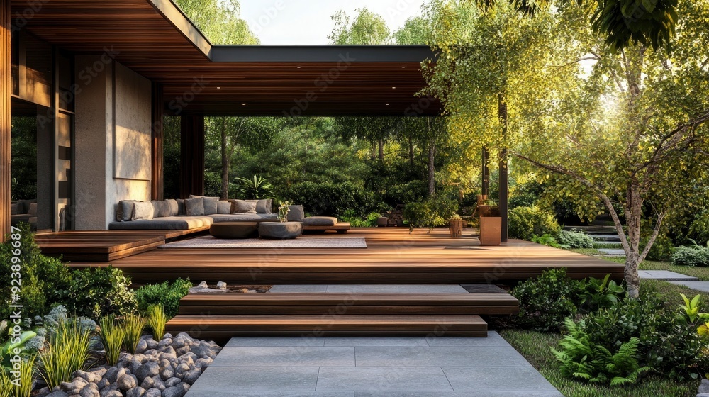 Modern wooden terrace with steps for a country house. Cozy garden with a house, recreation area, garden landscaping , ai Modern wooden terrace with steps for a country house. Cozy garden with a house, recreation area, garden landscaping , ai