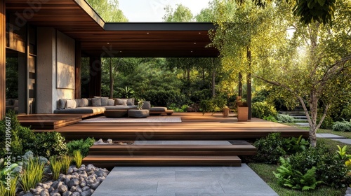 Modern wooden terrace with steps for a country house. Cozy garden with a house, recreation area, garden landscaping , ai