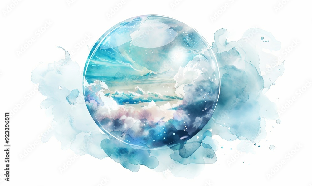 Silence among the clouds: an air bubble with wind inside Digital illustration, white background, watercolor style Silence among the clouds: an air bubble with wind inside Digital illustration, white background, watercolor style