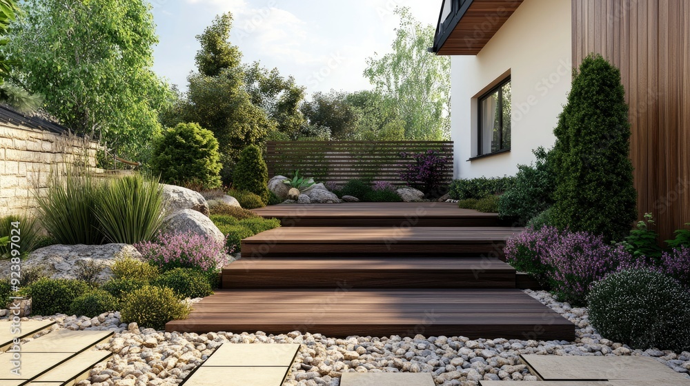 Modern wooden terrace with steps for a country house. Cozy garden with a house, recreation area, garden landscaping , ai Modern wooden terrace with steps for a country house. Cozy garden with a house, recreation area, garden landscaping , ai