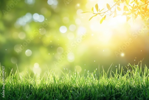 natural grass background with blurred bokeh and sun , ai