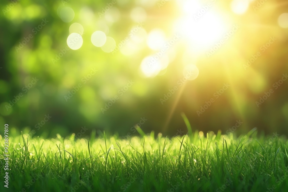 Fototapeta premium natural grass background with blurred bokeh and sun, ai