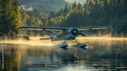 vintage float plane landing gracefully on a serene lake, with its pontoons gliding smoothly across the water