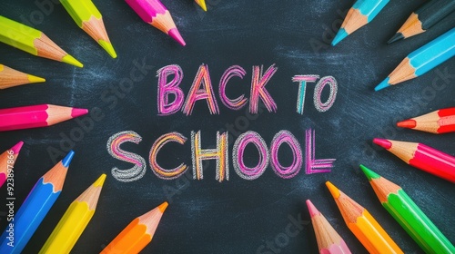 Colorful Text Back To School Writen On Blackboard Background With Color Pencils Around photo