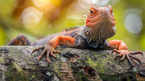 Vibrant Lizard Resting on Tree Branch in Sunlight photo