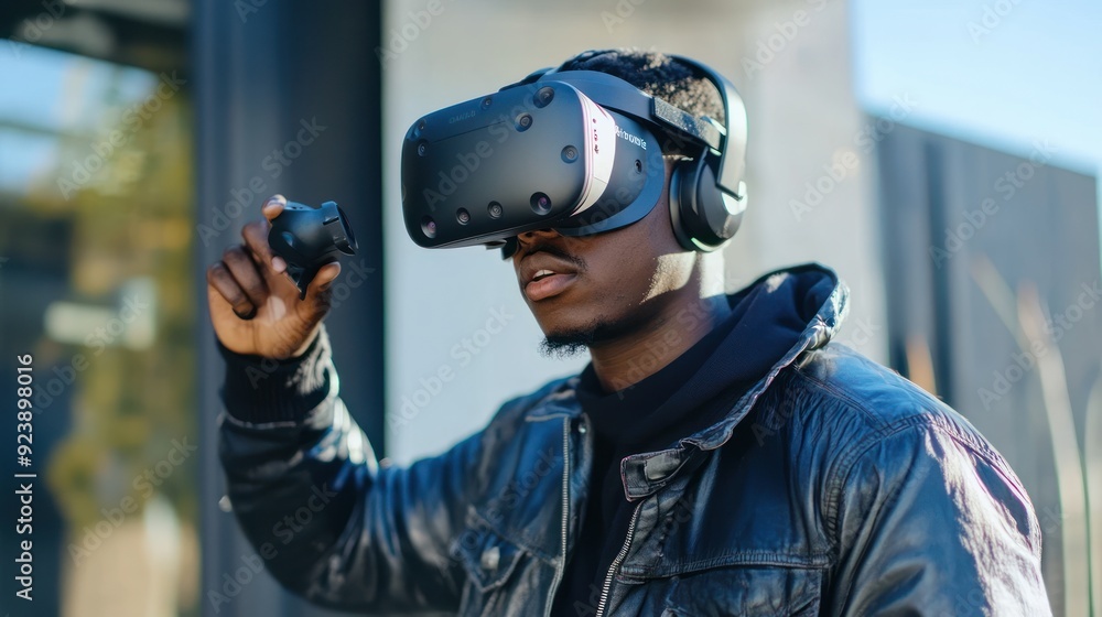 Man Wearing Virtual Reality Headset and Holding Controller Man Wearing Virtual Reality Headset and Holding Controller