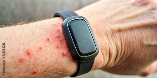 Close-up of a fitness tracker with a silicone strap removed from a hand, revealing redness, irritation, and itching, symptoms of allergic contact dermatitis.