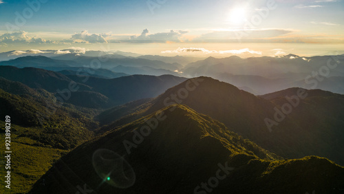Aerial shot of a landscape full of mountains of the Talamanca mountain range and we stop for a sunrise in the Chirripo National Park in Costa Rica