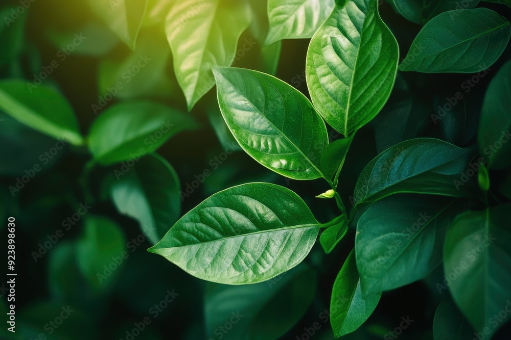 Obraz premium Nature of green leaf in garden at summer. Natural green leaves plants using as spring background cover page greenery environment ecology wallpaper , ai